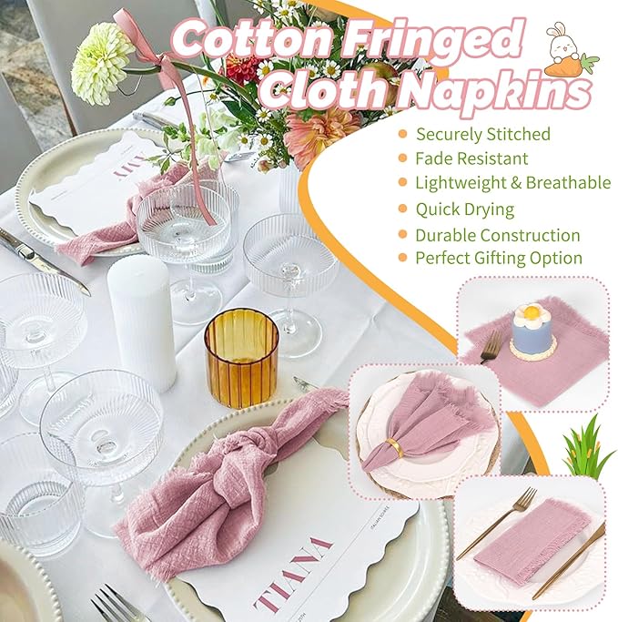 Showgeous 10 Pack Dusty Rose Cloth Napkins with Fringe 16x16 inch 100% Cotton Napkins Handmade Dinner Napkins Bulk Washable Soft Rustic Table Napkins for Wedding Parties Bridal Baby Shower