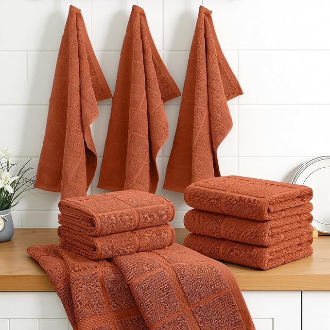 Homaxy Premium Kitchen Towels 18"x28", 8 Pack Large Cotton 380 GSM Dish Towels, Soft and Absorbent Kitchen Hand Towels with Terry Grid Design, Utility Tea Towel Set with Hanging Loop, Rust