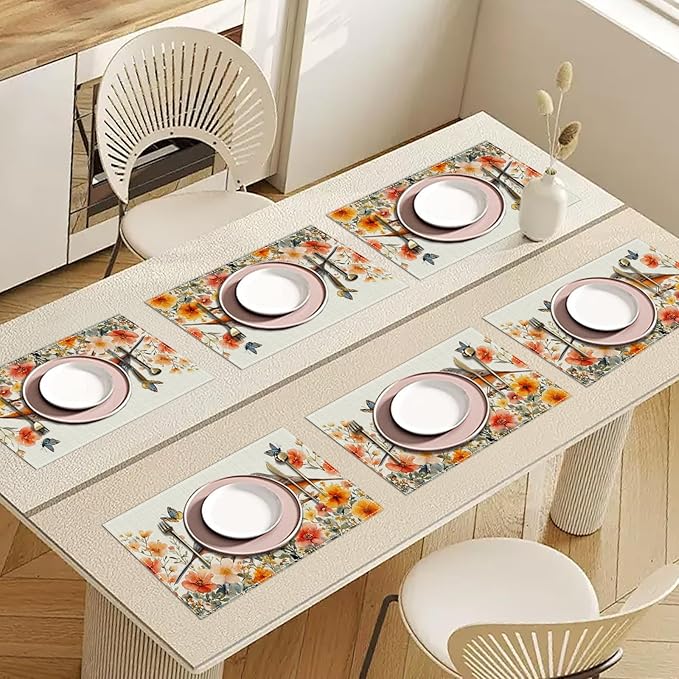 Spring Bird Flower Floral Placemats Set of 6, Washable Heat Resistant Table Mat Watercolor Floral Linen Place Mats for Party Kitchen Dining Home Decor 12x18 Inch