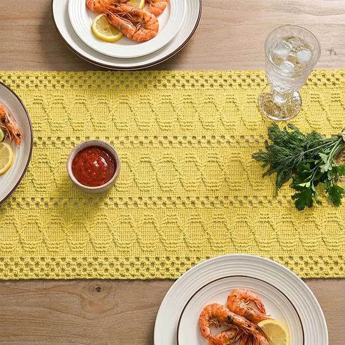 Artoid Mode Yellow Farmhouse Woven Rustic Hollow Table Runner, Seasonal Holiday Hollow Kitchen Dining Table Decoration for Home Party Decor 12x90 Inch