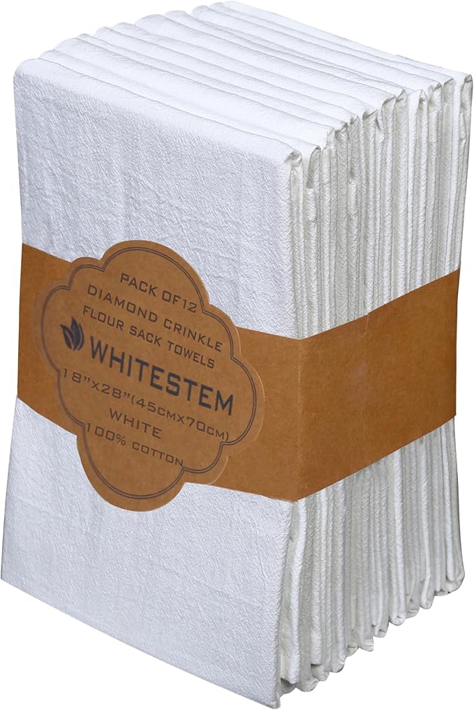 Flour Sack Towels 18” x 28” – Pack of 12 Cotton Kitchen Towels, Dish Towels and Tea Towels for Embroidery, Thick Absorbent for Baking & Bread Proofing - White