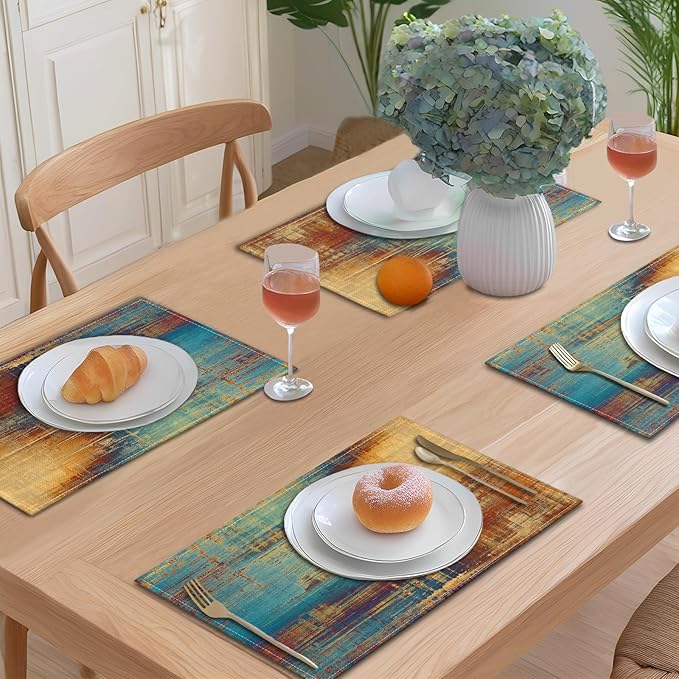 Farmhouse Placemats Set of 4 Blue Orange Teal Place Mats Modern Rustic Kitchen Table Mats - Linen Fabric Heat Resistant Wipeable Washable Placemat for Dining Coffee Table 12x18Inch