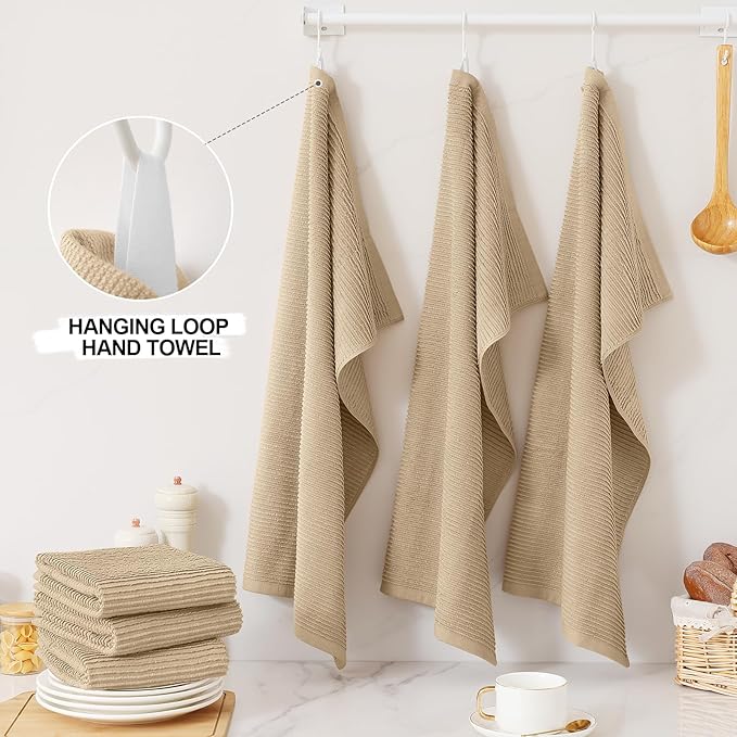 Homaxy Premium Kitchen Towels (18"x 28", 6 Pack), Large 100% Cotton Kitchen Hand Towels, Ultra Absorbent Ribbed Terry Tea Towels Set with Hanging Loop, Khaki