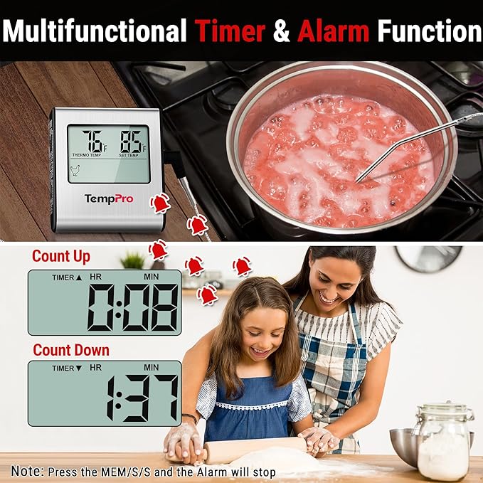 TempPro TP16 Large LCD Digital Cooking Food Meat Thermometer for Smoker Oven Kitchen BBQ Grill Thermometer Clock Timer with Stainless Steel Temperature Probe(Previously ThermoPro)