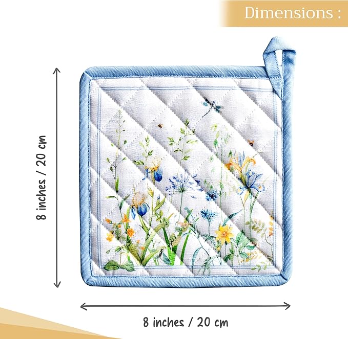 Maison d' Hermine Pot Holders 100% Cotton Heat Resistant Potholders 8" x 8" Hot Pads with Loop BBQ Cooking Baking Gifts for Mothers Day Handling Hot Pans Spring/Summer (Pack of 2, Fleurs De Mai)