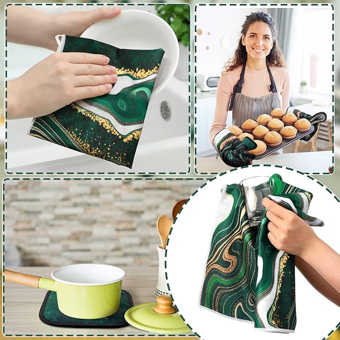 Fourluoo 10 Pcs Kitchen Dish Towels Rugs Oven Mitts and Pot Holders Kit Farmhouse Kitchen Decor Set Gloves Vintage Potholders for Baking Cooking Chef(Green,Modern)