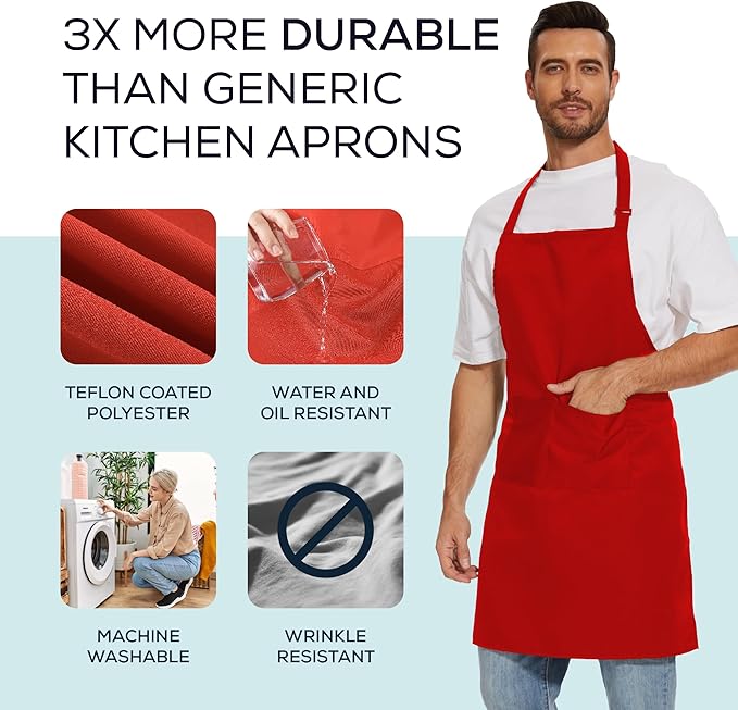 Will Well Kitchen Apron for Men and Women - 33" x 27" Oil-and-Water-Resistant with Adjustable Neck Strap and 38" Waist Ties for a Snug Fit, Lightweight with 2 Front Pockets - 6-Pack, Red
