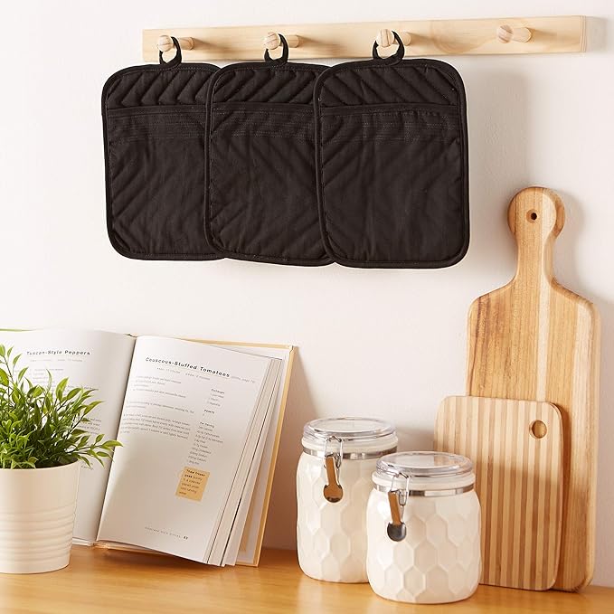 DII Heat Resistant Quilted Cotton Pot Holder Set, Designed with Space to Personalize Allowing a Customized Design, 7x9, Black, 3 Count