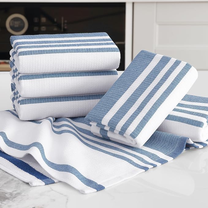 Homaxy Premium Kitchen Towels 18”x 28”, Large Cotton 380 GSM Kitchen Hand Towels, Stripe and Terry Dish Towel, Highly Absorbent Tea Towel Set with Hanging Loop, 6 Pack, Navy Blue