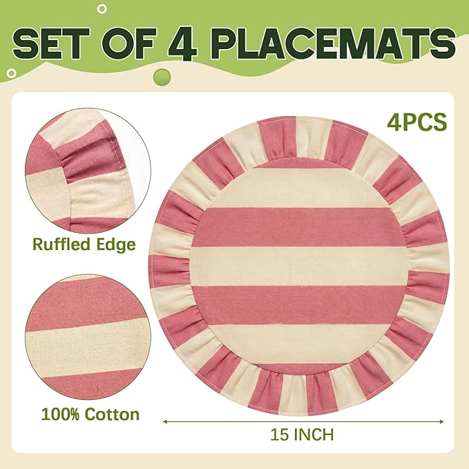 4 Pcs 15 Inch Cotton Scalloped Round Placemats, Pink and White Stripes Thin Place Mats with Ruffle, & Washable Placemats Table Mats for Kitchen Dining Holiday Gatherings Decor