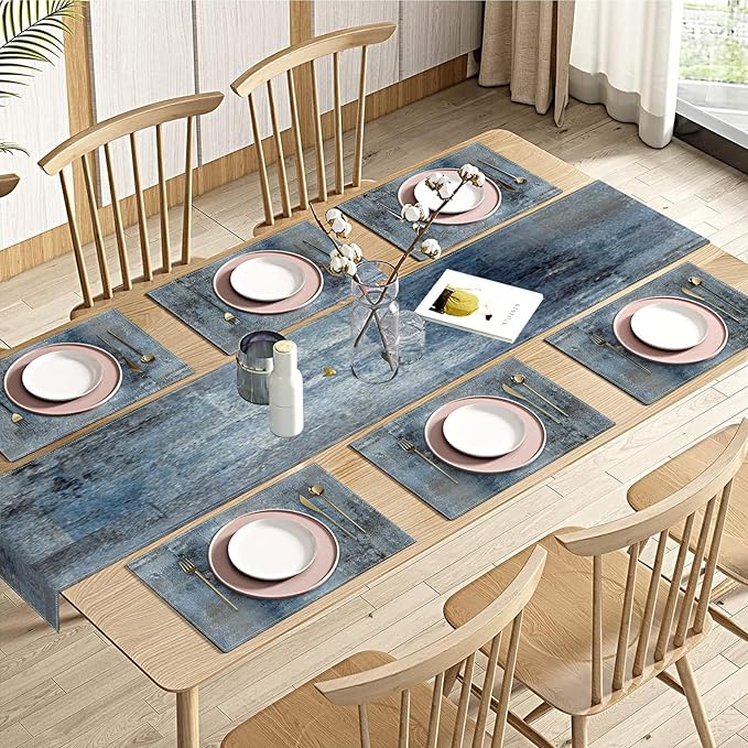 Emvency Vintage Blue Grey Table Runner and Placemats Set of 6, Modern Abstract Painting Art Dining Decor for Daily Use(1 Table Runner 72 inches Long and 6 Placemats)