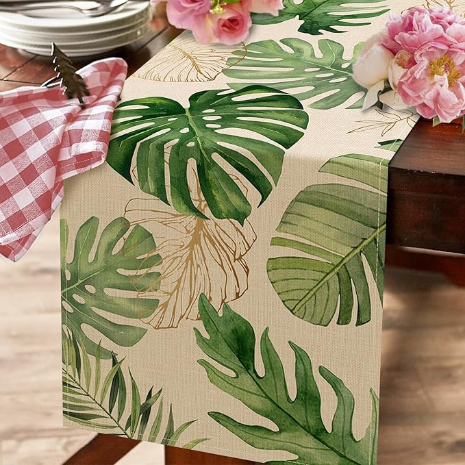Seliem Summer Palm Leaves Tropical Greenery Table Runner, Monstera Home Kitchen Dining Plant Decor, Spring Seasonal Decorations Indoor Outdoor Hawaii Luau Anniversary Party Supply 13 x 36 Inch