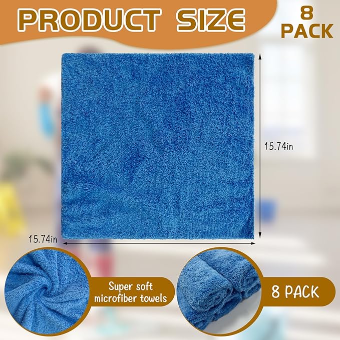 8 Pcs Highly Absorbent Microfiber Cleaning Cloth, 15.75"x15.75" Large Washable Reusable Microfiber Towel for House Floor Kitchen Car Window, Lint and Streak Free