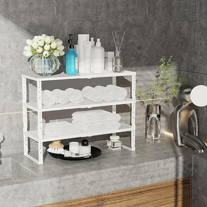 Jojocross Expandable Cabinet Shelf Organizer Storage Spice Rack Shelves for Kitchen Stackable Adjustable Pantry Cupboard Bathroom Countertop Desktop(2Packs/White/Large)