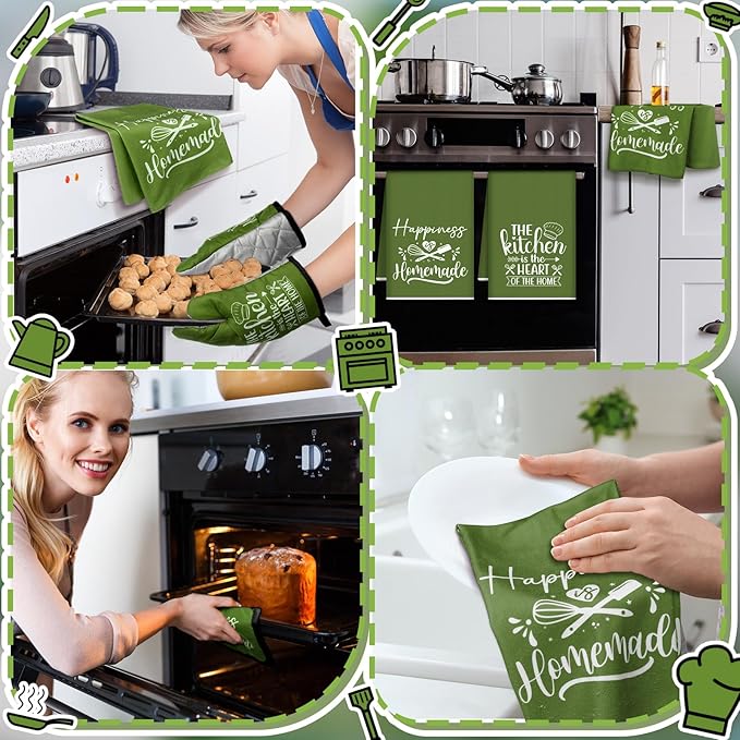 Sratte 6 Pcs Kitchen Decor Accessories Set Farmhouse Towels Pot Holders Oven Mitts Set 2 Dish Towels 2 Potholders 2 Cooking Mittens Oven Glove for Christmas Baking Cooking(Avocado Green,Kitchen)