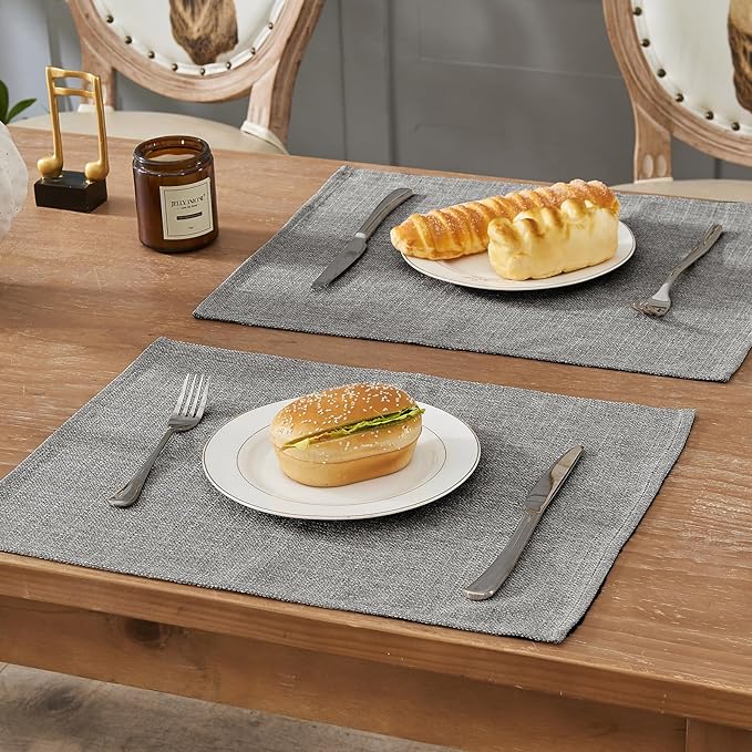 BALCONY & FALCON Placemats Set of 6 Faux Linen Cloth Place Mats Washable Waterproof Wrinkle Resistant Table Placemats for Dining Kitchen Farmhouse Indoor & Outdoor Use(Gray, 13.8”x 17.7”