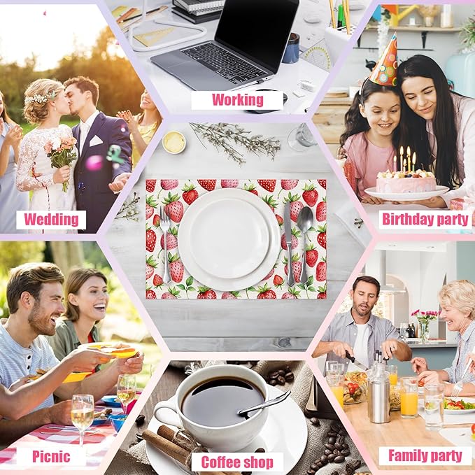 Spring Summer Strawberry Placemats Set of 6,12x18 Inch Sweet Fruit Linen Place Mat Washable Stain Resistant Table Mats for Seasonal Farmhouse Kitchen Party Home Decor
