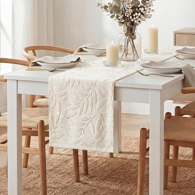 Artoid Mode Beige Soft Cotton Jacquard Leaves Spring Table Runner, Holiday Kitchen Dining Table Decoration for Home Party Decor 13x72 Inch