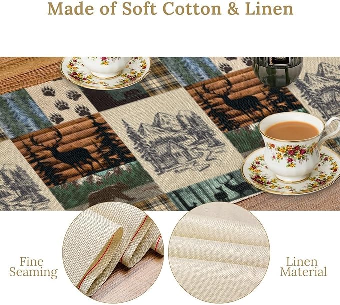 Cabin Bear Deer Table Runner Vintage Rustic Farmhouse Animal Art Printed Dinner Runner for Home Kitchen Dining Table Decor Fabric 1 Panel W13xL70in