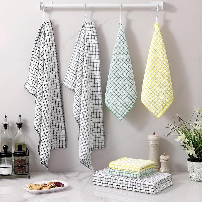 Homaxy Kitchen Towels and Dishcloths Set, 16 x 25 and 12 x 12 Inches, Set of 8 Cotton Terry Kitchen Dish Towels, Super Soft and Absorbent Dish Cloths, Black/Grey/Yellow/Green