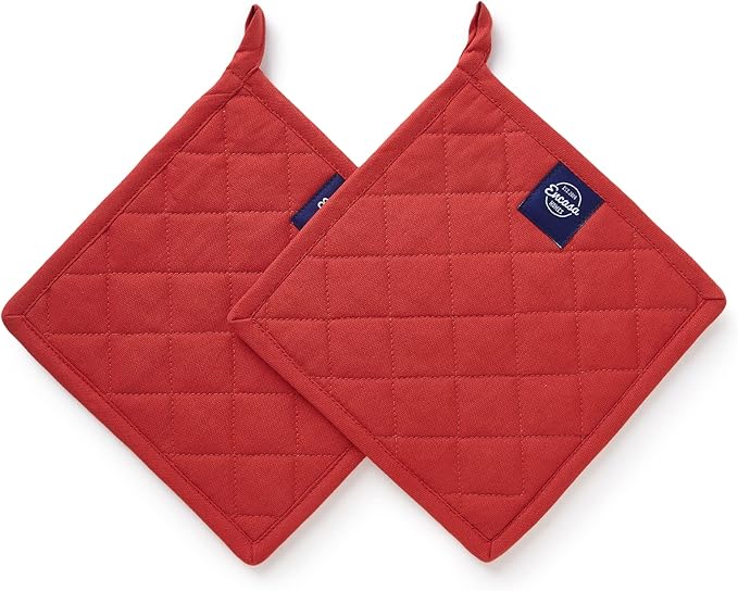 Encasa XO Heat Resistant Cotton Pot Holders with Hanging Loop - Set of 2 - Mango - Multipurpose Quilted Everyday Hot Pad for Kitchen, Camping, BBQ & Microwave - 8x8 in