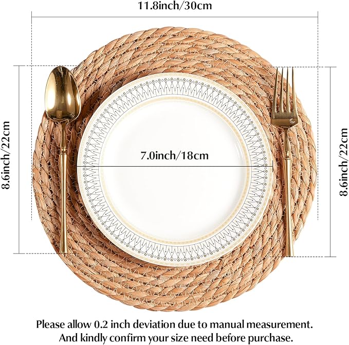 Round Woven Placemats - Boho Rattan Placemats Natural Water Hyacinth Placemat, Farmhouse Weave Place Mats, Rustic Braided Wicker Table Mats for Dining Table,Home,Wedding (12 inch Set of 8)