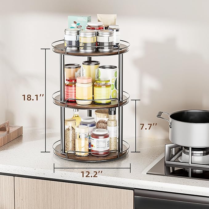 LAMU 12.2'' Wood Lazy Susan Turntable Organizer for Cabinet, 3 Tier Lazy Susan Spice Rack Organizer for Kitchen, Table Top, Countertop, Pantry, Bathroom