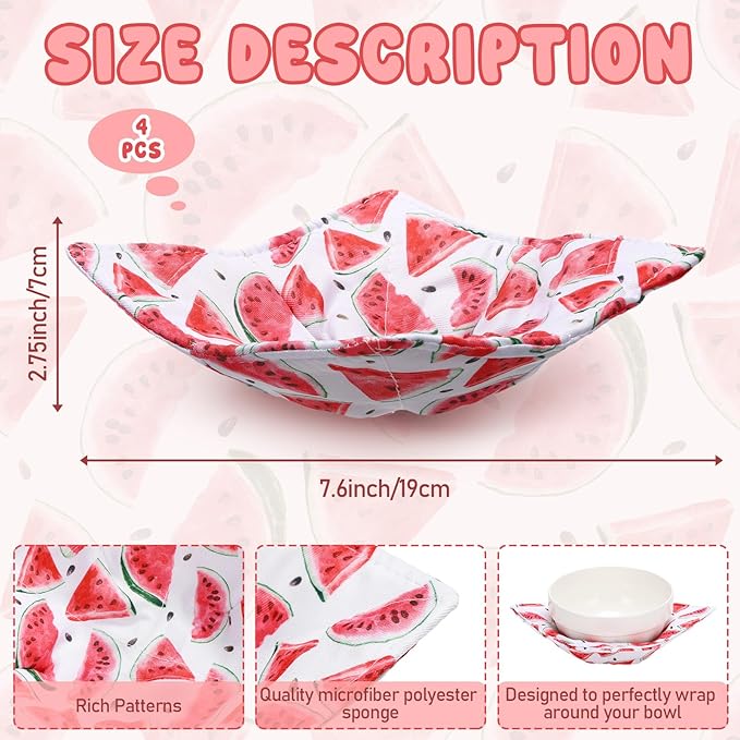 Cunhill 4 Pcs Cotton Microwave Bowl Cozy Holders for Hot Food Hot Pads Soup Bowl Potholders Heat Resistant Multipurpose Quilted Safe Holders for Kitchen Plate Supply(Red,Watermelon)