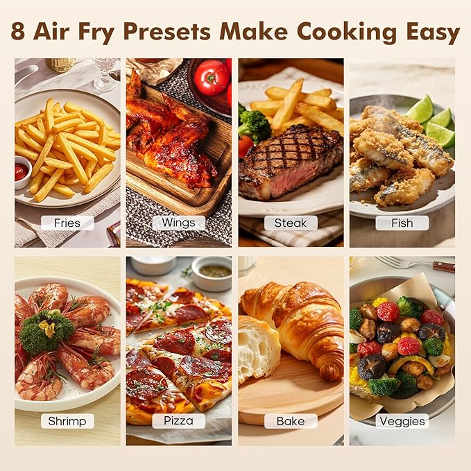 OLIXIS 6.34QT Air Fryer with Window, 8 Food Presets with 400°F Max Heat, 90-Min Timer, Nonstick Dishwasher-Safe Basket for Air Fry, Roast, Reheat, Bake, Stainless Steel, White