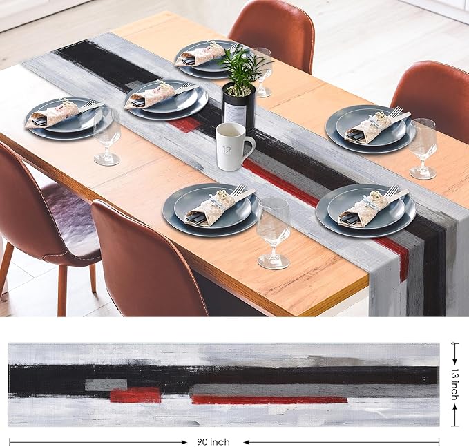 Emvency Black and White Table Runner, Modern Grey Red Art Painting for Kitchen Coffee Table Family Dinners Holiday Parties Wedding Events Decor(13x90 inch)