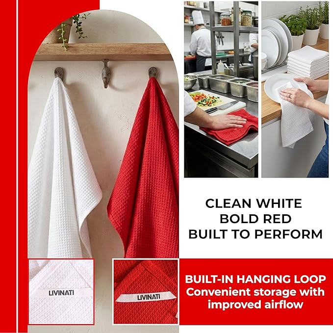 Highly Absorbent Cotton Dish Towels for Drying - Set of 3+3 - Red + White Kitchen Towels - 18"X28" Lint Free Waffle Weave Cloth Linen Hand Bathroom Bulk Dishtowels