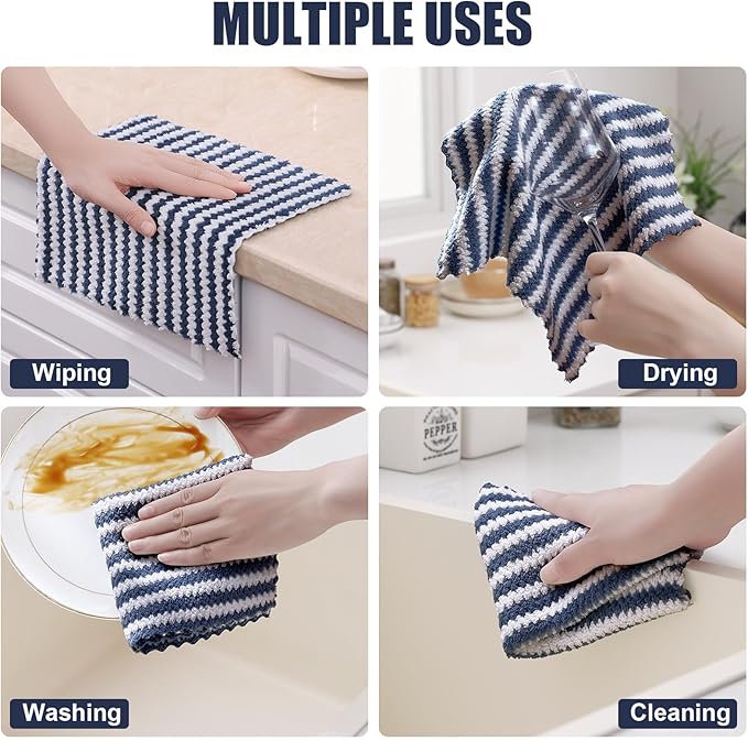 Homaxy 18 Pack Kitchen Dish Cloths, Ultra Soft and Absorbent Dish Towels, Reusable Fast Drying Microfiber Cleaning Cloth, Coral Velvet Wave Design No-lint, 10 x 10 inches, Navy Blue