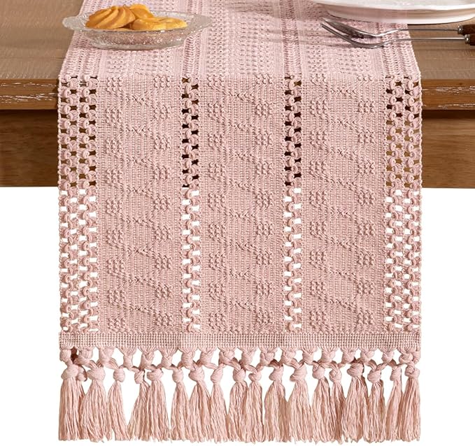 Socomi Boho Table Runner Easter Spring Farmhouse Rustic Dining Kitchen Centerpiece Decor Long Macrame Woven Cotton Linen Coffee Table Runner for Dresser Scarf Home Decor 12x90 in Pink