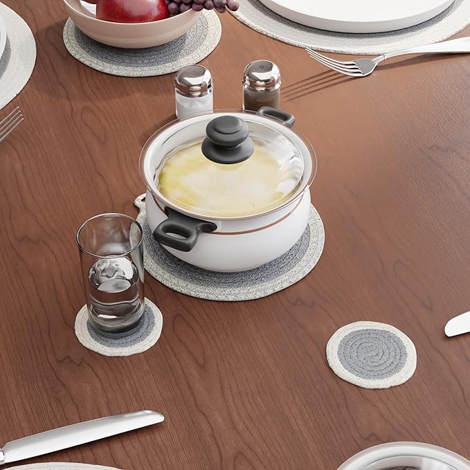 Encasa XO Cotton Dining Table Combo Set of 4 Placemats, 4 Drink Coasters, 3 Trivets | Handmade Rib Style | Grey | Absorbent & Heat Resistant