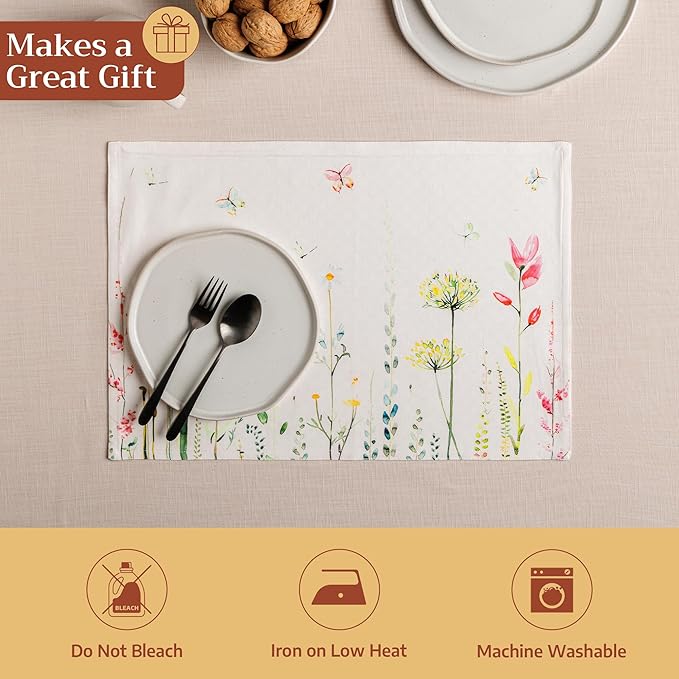 Maison d' Hermine Placemats Set of 4 100% Cotton Washable Cloth Place Mats Reusable Table Mats for Kitchen Dining Party Wedding Gifts for Mothers Day Spring/Summer (Botanical Fresh, 13" x 19")