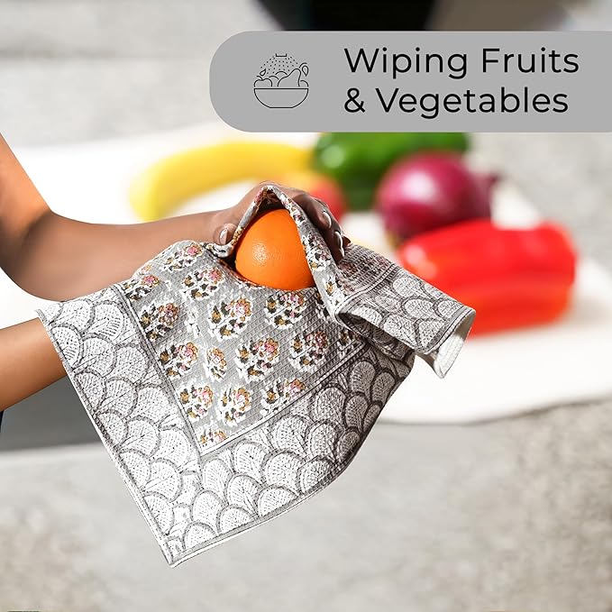 CPC Labra Grey Hand Block Print Waffle Kitchen Towel Set of 3-16 x 28 Inch Ultra Absorbent Quick Dry Cotton Dish Towels Lightweight Reusable Sustainable Tea Towels for Cleaning and Drying