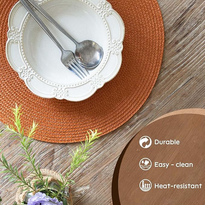 FunWheat Round Braided Placemats Set of 4 Table Mats for Dining Tables Woven Washable Non-Slip Place mats 15 inch(Pumpkin Orange,4pcs)