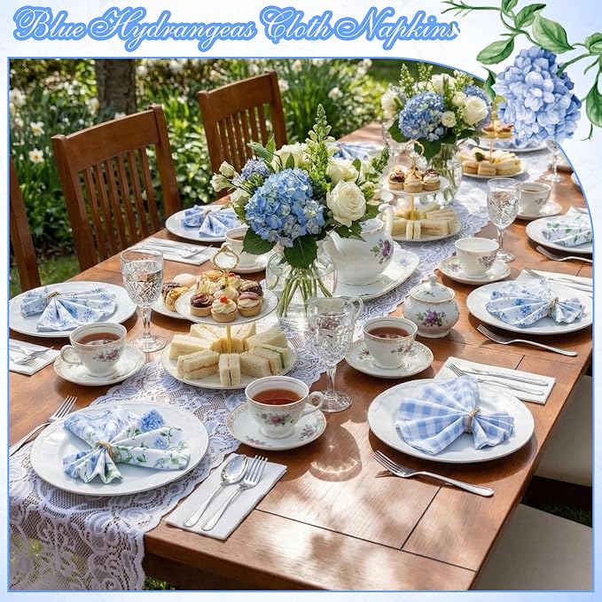 Blue Hydrangea Cloth Napkins 6 Patterns Washable Dinner Tea Party Napkins Reusable Plant Flowers Square Napkin Cotton Towel Decorative for Spring Wildflower Party(Blue Hydrangea,24 Pcs)