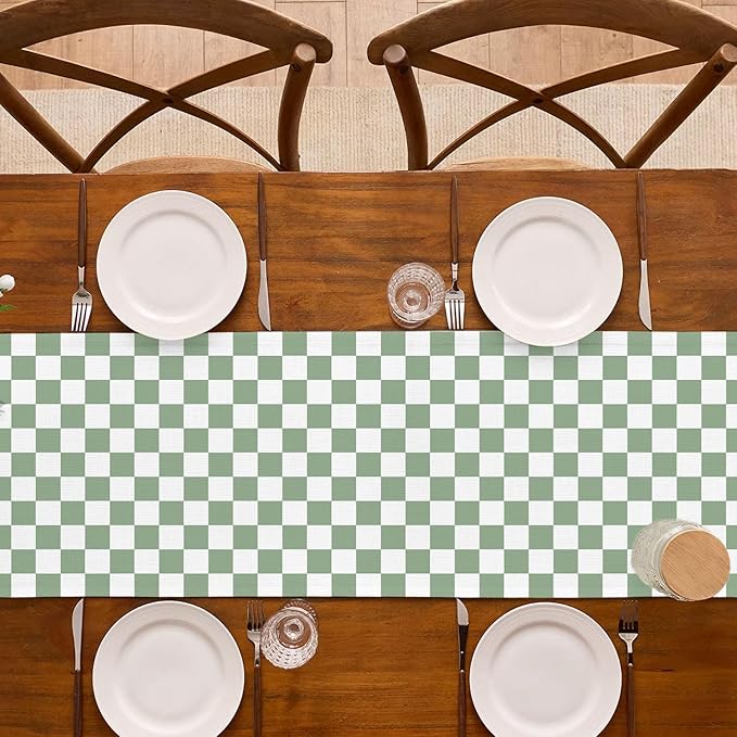 Sage Green Checkered Table Runner Green and White Classic Checkerboard Table Decorations for Wedding Birthday Bridal Baby Shower Home Party Kitchen Island Decor (Sage Green, 13" x 72")