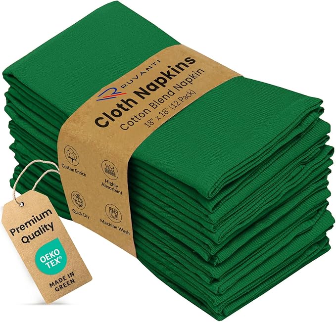 Ruvanti Cloth Napkins Set of 12, 18x18 Inches Napkins Cloth Washable, Soft, Durable, Absorbent, Cotton Blend. Table Dinner Napkins Cloth for Hotel, Christmas Parties, Restaurant, Wedding - Dark Green