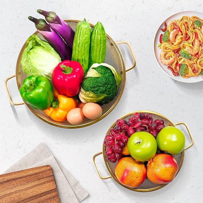 2PCS Gold Strainer for Kitchen, 3QT and 5QT, Stainless Steel Colander with Handle for Fruits Vegetables Cooking Food, Dishwasher Safe