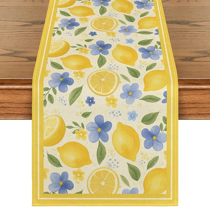 Artoid Mode Lemon Flowers 210 GSM Summer Table Runner, Seasonal Spring Kitchen Dining Table Decoration for Home Party Decor 13x72 Inch