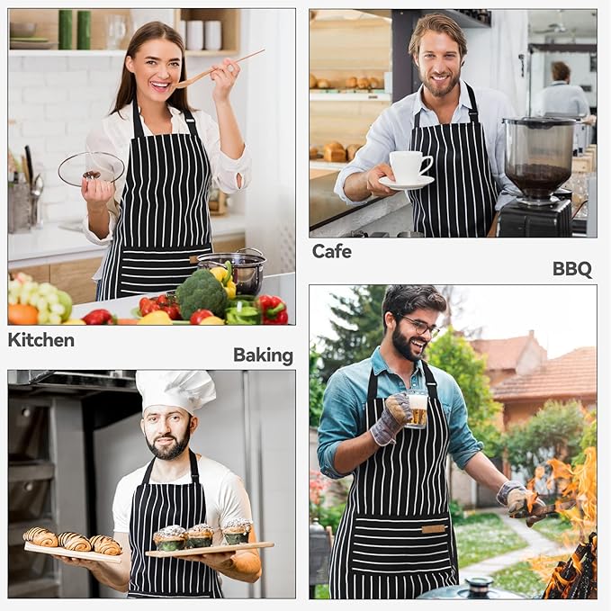 NLUS 2 Pack Cooking Aprons for Women with Pockets Adjustable Kitchen Bib Aprons for Women Men Chef, Black/White Stripe (Classic Black/White Stripes)