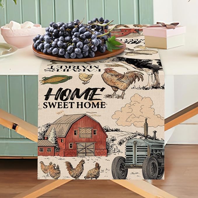 Farm Animals Dining Table Runner, Farmhouse Country Cow Lamb Pig Chicken Duck Barn Tractor Burlap Kitchen Decoration, Farmer Market Indoor Outdoor Sweet Home Decor Party Supply 13 x 36 Inches