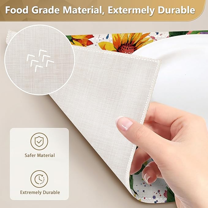 Placemats Set of 6 Linen Washable Kitchen Dining Watercolor Sunflower Table Mats Stain Heat-Resistant Desktop Décor Colorful Wildflower Place Mats for Home Party Indoor 12x18 in