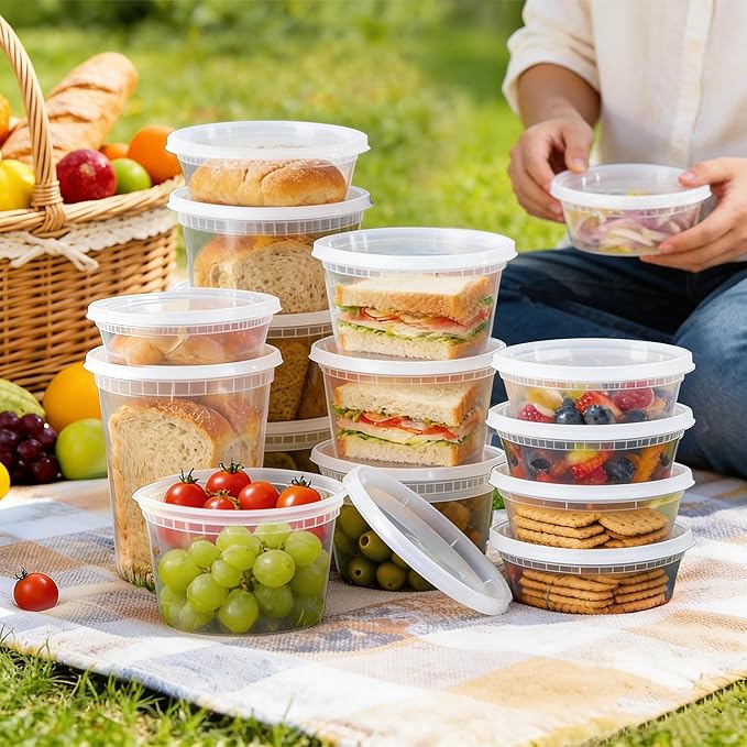 BYSNOW 60 Sets Deli Containers with Lids, 32/16/8 oz X 20 Set Each, Leak-Proof & BPA Free Airtight Takeout Plastic Food Storage Containers for Soup, Freezer/Microwave/Dishwasher Safe