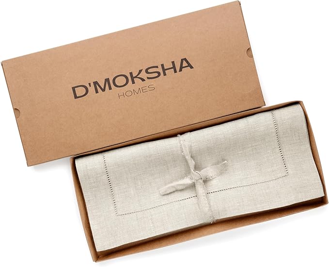 D'Moksha Homes Light Natural Linen Cloth Placemats Set of 4-100% Pure Linen Hemstitch Placemats 14 x 19 Inch - Classic Hemstitch Table Place Mats for Mothers Day - Machine Washable