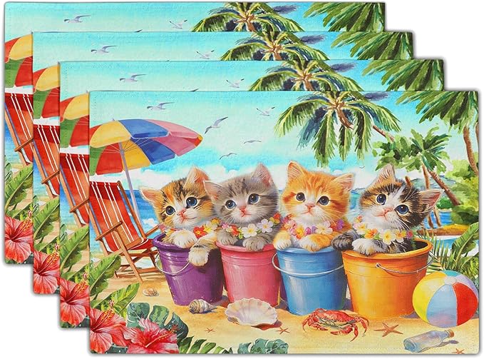 Lovely Cat Linen Placemats Holiday Beach Place Mat Set of 4 Dining Table Decor