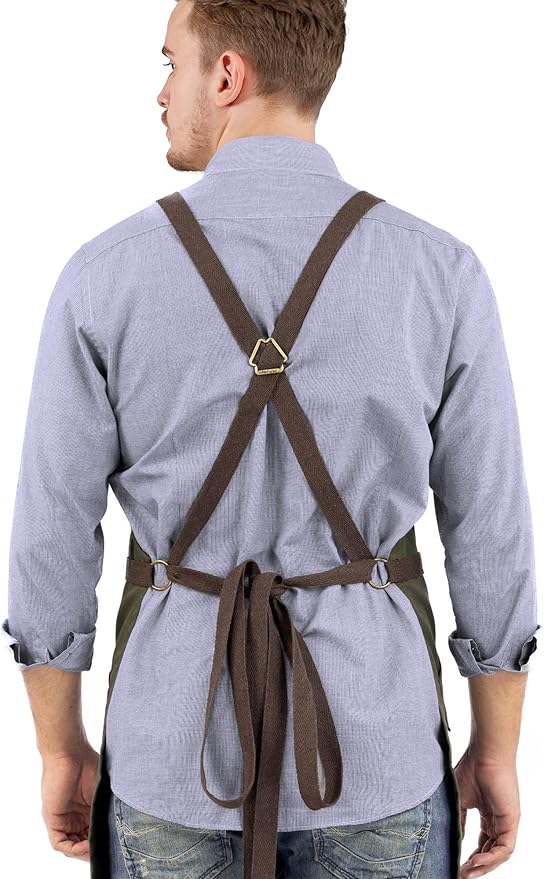 Under NY Sky Essential Army Green Apron – Cross-Back with Durable Twill and Leather Reinforcement – Adjustable for Men and Women – Pro Chef, Tattoo Artist, Baker, Barista, Bartender, Server Aprons