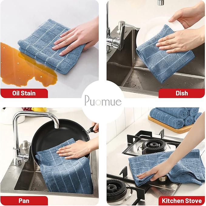 Puomue Microfiber Kitchen Towels and Dishcloths Set, 26 X 18 Inch and 12 X 12 Inch, Set of 12 Bulk Lint Free Dish Towels for Drying Dishes, Blue